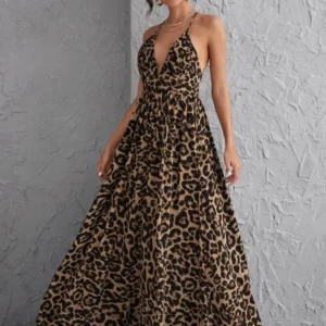 Vestido Longo Com Estampa de Onça